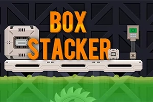 黒い背景の上にコンベアに並んだ箱と電子パネルがあり、オレンジ色の「BOX STACKER」という文字が中心に表示されている。