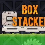 黒い背景の上にコンベアに並んだ箱と電子パネルがあり、オレンジ色の「BOX STACKER」という文字が中心に表示されている。
