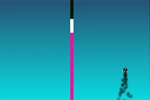 青い背景に黒と白のボールが右下にあり、中央にピンク色の垂直な棒があります。
