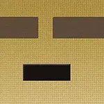 ベージュの背景に、二つの長方形の目と一つの細長い長方形の口が描かれたシンプルな顔。