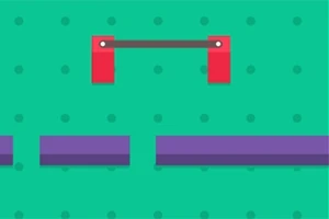 緑色の背景に赤いバーと紫のブロックが配置されたシンプルなデザイン。