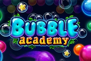 カラフルな泡と星が散りばめられた背景に「Bubble Academy」の文字が中央に配置されたデザインの画像。