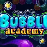 カラフルな泡と星が散りばめられた背景に「Bubble Academy」の文字が中央に配置されたデザインの画像。