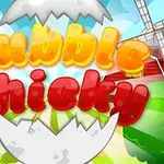 割れた卵の殻の上に「Bubble Chicky」のカラフルな文字が描かれた、風車のある緑豊かな風景。