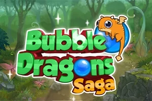 緑色のファンタジー風背景に、青いバブルに乗ったオレンジ色のドラゴンとカラフルな文字のタイトル。