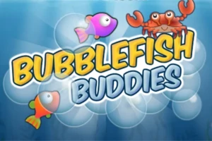 「BUBBLEFISH BUDDIES」の文字が中央に配置され、背景には泡があり、上に紫の魚とカニ、下に赤い魚が描かれている。
