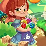 赤い髪の女の子がカラフルな果物を持って森の中を歩いているイラスト。