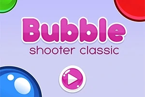 紫の背景に、「Bubble shooter classic」というピンクの文字と、中央にピンク色の再生ボタンのアイコンがあります。