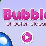 紫の背景に、「Bubble shooter classic」というピンクの文字と、中央にピンク色の再生ボタンのアイコンがあります。