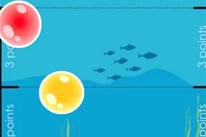 青い背景に赤と黄色の球が浮かび、魚のシルエットが泳いでいるイラスト。