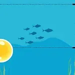 青い背景に赤と黄色の球が浮かび、魚のシルエットが泳いでいるイラスト。