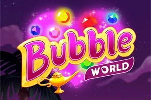 色とりどりの宝石と魔法のランプが描かれた「Bubble World」という文字のロゴ。