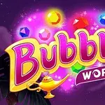色とりどりの宝石と魔法のランプが描かれた「Bubble World」という文字のロゴ。