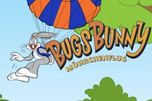 バグス・バニーがオレンジと青のパラシュートで空を飛んでいるイラスト。