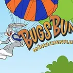 バグス・バニーがオレンジと青のパラシュートで空を飛んでいるイラスト。