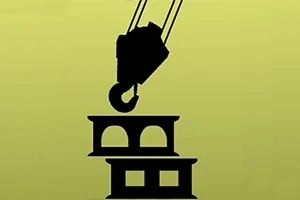 クレーンがブロックを積み重ねている黄色い背景のシルエットイラスト。
