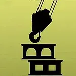クレーンがブロックを積み重ねている黄色い背景のシルエットイラスト。