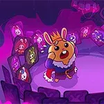 紫色の部屋の中央に立つ王冠をかぶった動物キャラクターと、周囲に配置された他のキャラクターの絵。