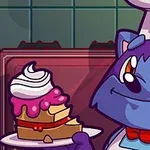 青い猫がシェフの帽子と赤い蝶ネクタイを着け、ホイップクリームとイチゴソースが乗ったケーキの一切れを持っている。