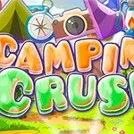 カラフルな文字で「CAMPING CRUSH」と書かれたロゴがあり、背景にはテントや木々が描かれたキャンプ場の風景。