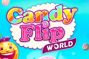 カラフルな文字で「Candy Flip World」と書かれた、青い背景にお菓子が描かれた画像。