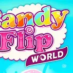 カラフルな文字で「Candy Flip World」と書かれた、青い背景にお菓子が描かれた画像。
