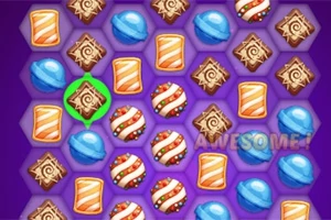 カラフルなキャンディとタイルが六角形のグリッドに配置されたパズルゲームのスクリーンショット。