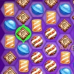 カラフルなキャンディとタイルが六角形のグリッドに配置されたパズルゲームのスクリーンショット。