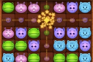カラフルな動物の顔のブロックが並んでいるパズルゲームのスクリーンショット。