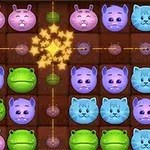 カラフルな動物の顔のブロックが並んでいるパズルゲームのスクリーンショット。