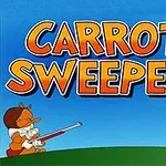 青空の下、ニンジンを持つウサギと銃を構える小さなキャラクターがいるカラフルなイラスト。