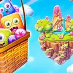 カラフルで可愛らしいモンスターたちが入ったバスケットと、空中に浮かぶファンタジー風の島。