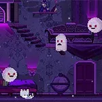 紫色の照明が照らす部屋の中に、幽霊と猫のキャラクターがいるピクセルアート。