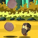木々の前で、ヒゲを生やしたキャラクターが空中の岩を見上げている。