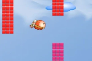 赤いブロックの間を飛ぶ翼のついたキャラクターと青い空に雲。