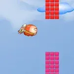 赤いブロックの間を飛ぶ翼のついたキャラクターと青い空に雲。