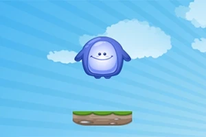 雲の背景に浮いている紫色のキャラクターと緑の芝生が載った小さな足場。