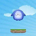 雲の背景に浮いている紫色のキャラクターと緑の芝生が載った小さな足場。