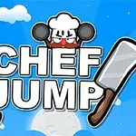 シェフの帽子をかぶったキャラクターと2つの肉切り包丁が「CHEF JUMP」という文字の両サイドに配置されている青空の背景。