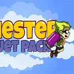 青い空と雲をバックに、ジェットパックを付けた緑の髪のキャラクターと大きなカラフルな文字。