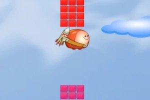 赤い丸いキャラクターがジェットパックをつけて空中を飛んでおり、上下に赤いブロックが配置されている。