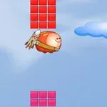 赤い丸いキャラクターがジェットパックをつけて空中を飛んでおり、上下に赤いブロックが配置されている。