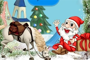 サンタクロースの格好をしたキャラクターがプレゼントの箱に座り、馬の隣で手を振り、クリスマスツリーが背景にある冬のシーン。