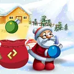 雪の風景の中、サンタクロースの衣装を着たキャラクターが大きな袋とプレゼントを持っている。