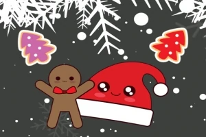 笑顔のジンジャーブレッドマンとサンタ帽子が、雪の結晶とカラフルなクリスマスツリーに囲まれているイラスト。