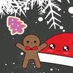 笑顔のジンジャーブレッドマンとサンタ帽子が、雪の結晶とカラフルなクリスマスツリーに囲まれているイラスト。