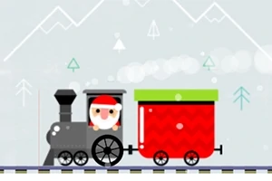サンタクロースが運転する小さな赤い貨車を連結した黒い汽車が描かれたイラスト。