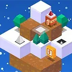 サンタ風のキャラクターが雪の積もったブロック上に立ち、周囲に木や雪の結晶が浮かぶ風景。