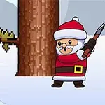 サンタクロースの服を着たキャラクターが斧を持ち、木を伐採している様子が描かれたドット絵イラスト。