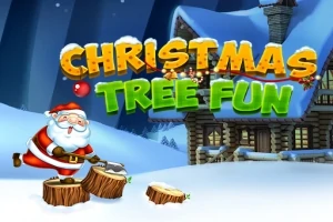 サンタクロースが雪の中で丸太を切っているイラストと「CHRISTMAS TREE FUN」の文字。